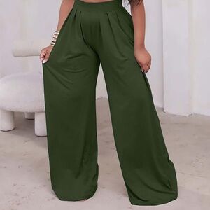 Elegant Olive Green Wide-Leg Pants w Pockets